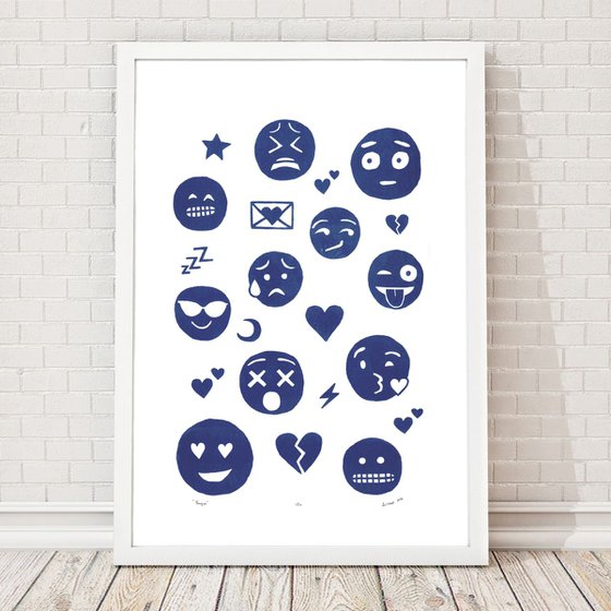 Emoji Print in Delft Blue - Unframed - FREE Worldwide Delivery