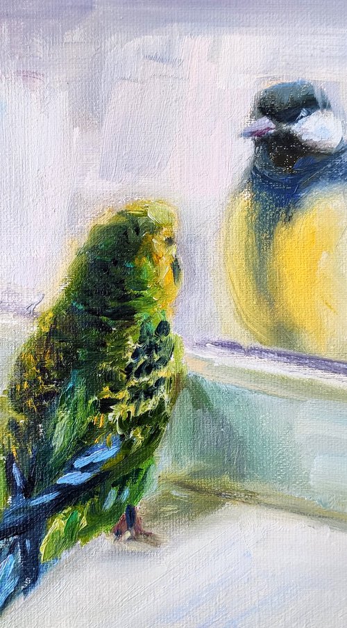 Birds Painting Winter Scene Chickadee and Green Parrot Freedom by Anastasia Art Line