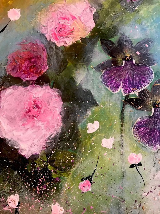 "Strangely beautiful2"impressionistic floral garden orchids roses pink purple gold turquoise