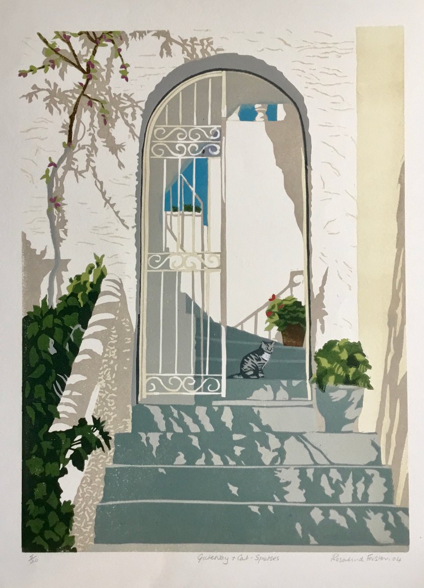 Cityscapes Linocut By Rosalind Forster, 15 X 20", Gateway And Cat Spetses, Original Artwork