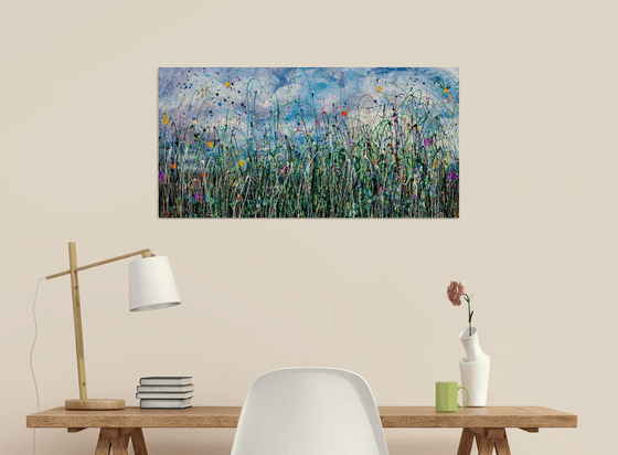 Tall Grass Against the Sky Abstract Meadow Painting 32" X 16" X 1.5"