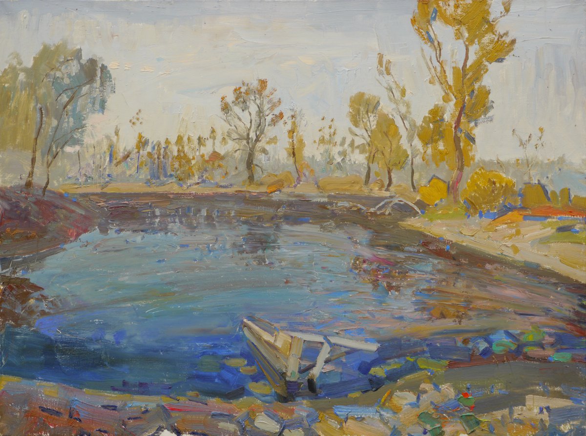 Impressionistic Landscape Oil Painting By Victor Onyshchenko, 31 X 24", Lake In Autumn, Original Artwork