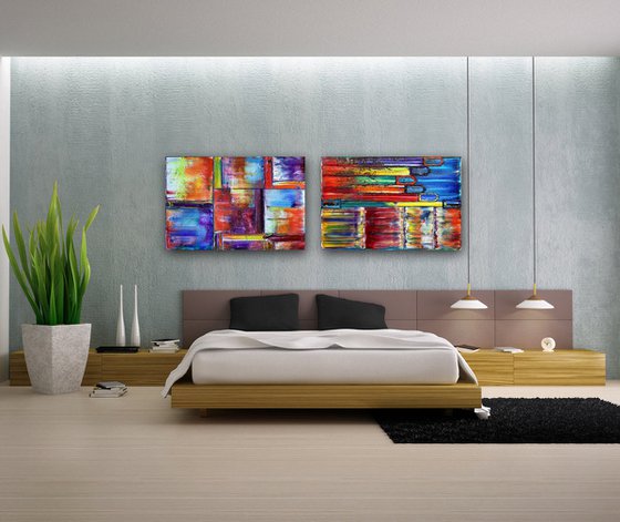 "Get It While It's Hot" - Save As A Series - Unique PMS Geometric Oil Painting Diptych On Canvas - 72" x 24"