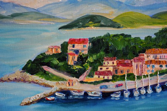 Ships seascape large oil painting on canvas, Greece panorama, coastal home decor