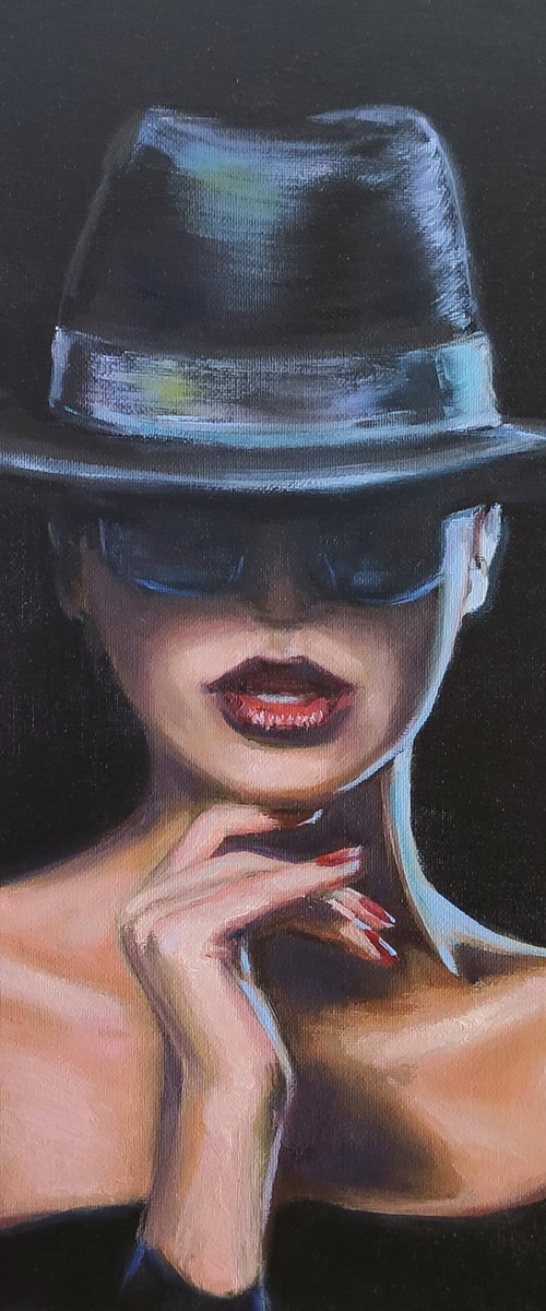 Woman Portrait Lady in Hat with Sunglasses Femme Fatale Black Art by Anastasia Art Line