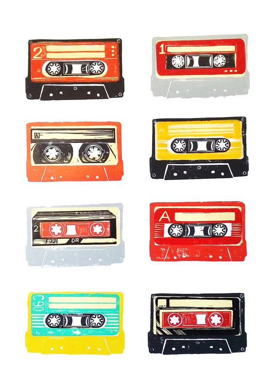 Linocut tapes #52 (cassette tapes, retro music, 70's, 80's rock culture)