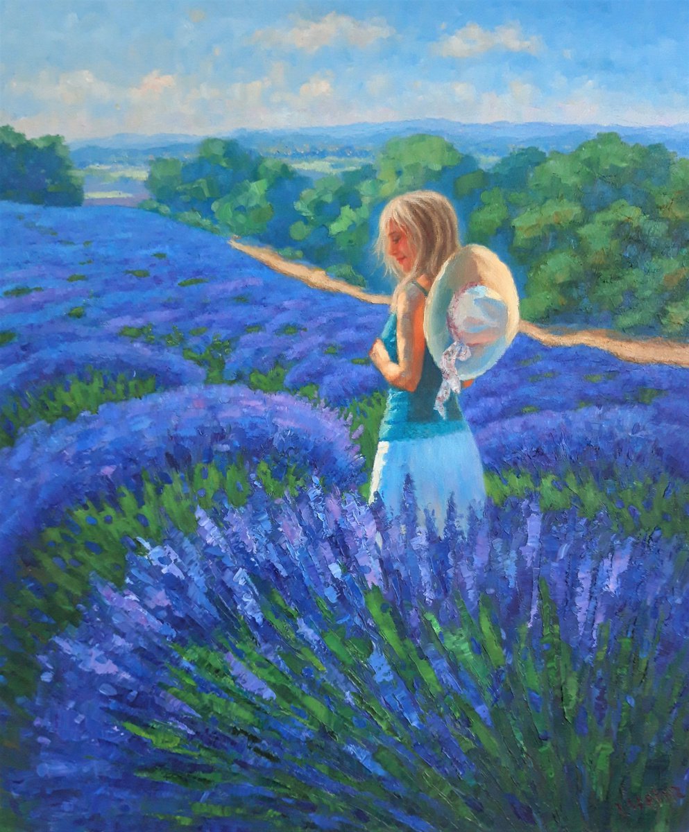 Impressionistic Portrait Oil Painting By Irena Heinz, 18 X 22, Walking Through Lavender Fields, Original Artwork