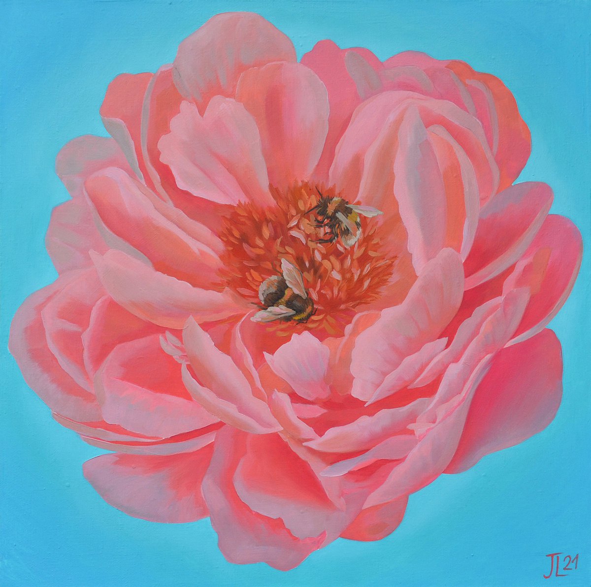 Peony and bees Flower painting Original oil Gift Pink blue turquoise by Julia Logunova