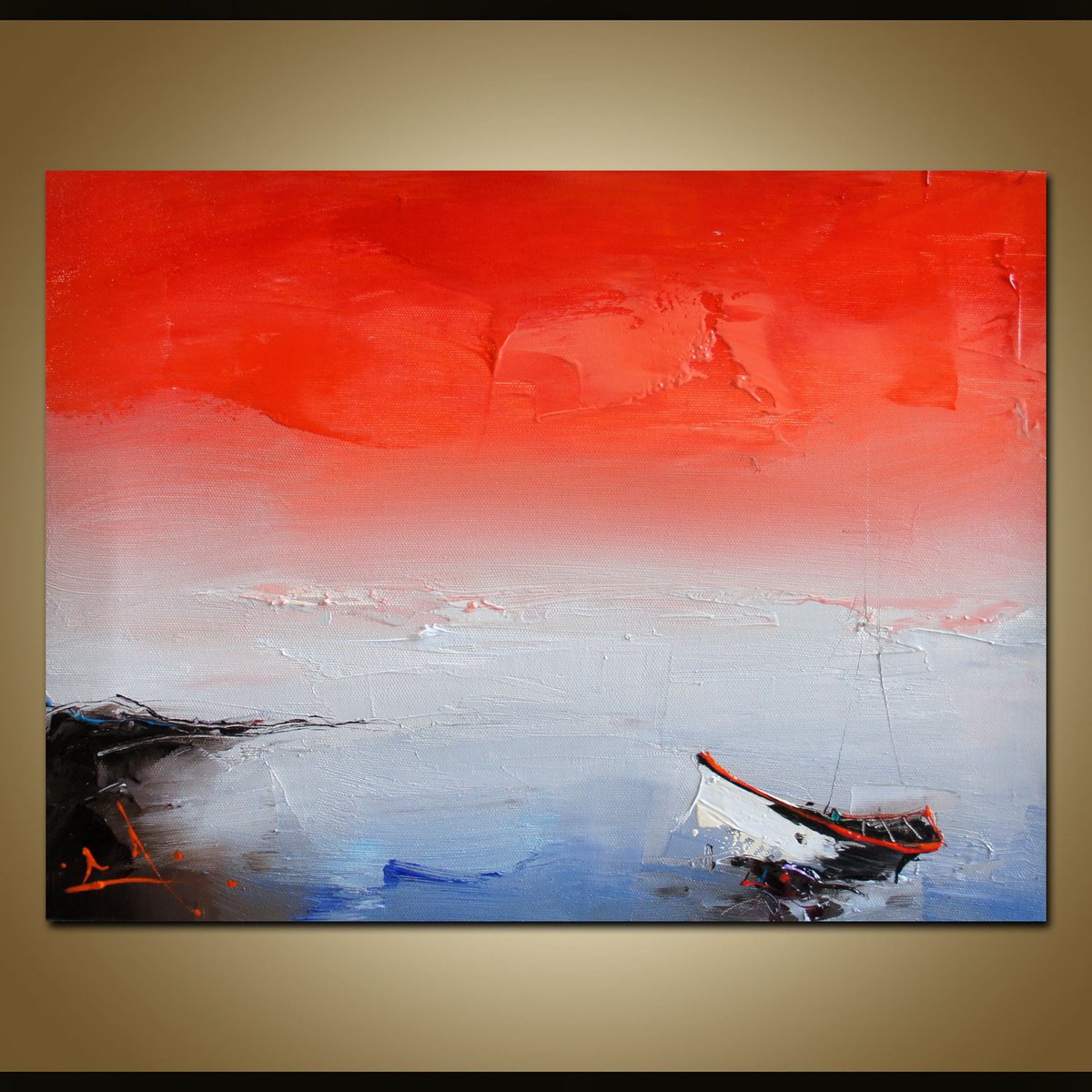 Expressive Landscape Oil Painting By Stanislav Lazarov, 16 X 12", Red Radiance, Original Artwork
