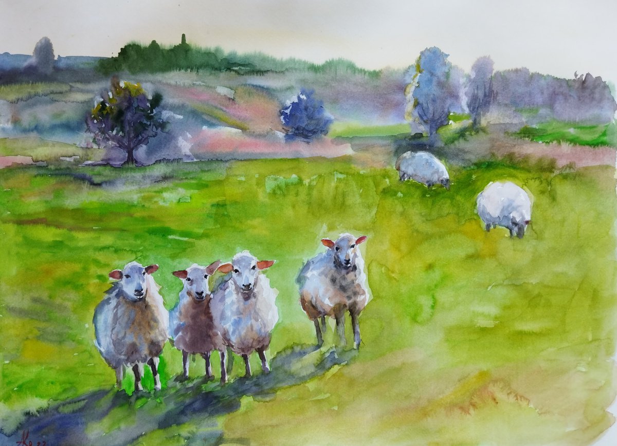 Impressionistic Landscape Watercolour By Ann Krasikova, 30 X 22, Landscape With Sheep, Original Artwork