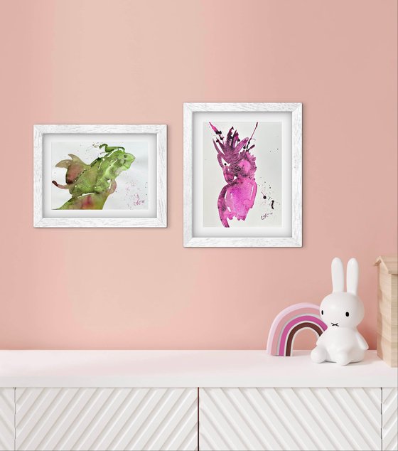 Pink Parrot and Chameleon