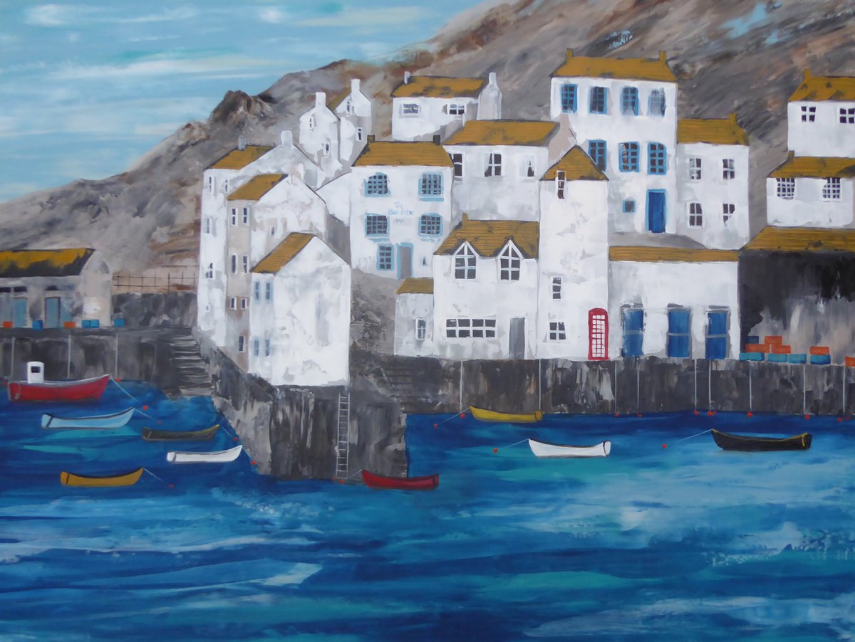 Impressionistic Landscape Acrylic Painting By Elaine Allender, 31 X 24, Polperro, Across The Harbour, Original Artwork