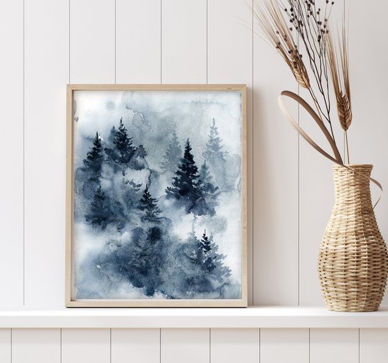 Pine trees forest in blue triptych Original watercolor painting