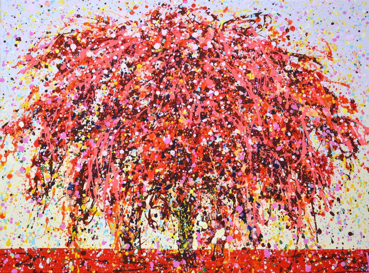 Expressive Botanical Acrylic Painting By Iryna Kastsova, 31 X 24, The Red Tree 2., Original Artwork