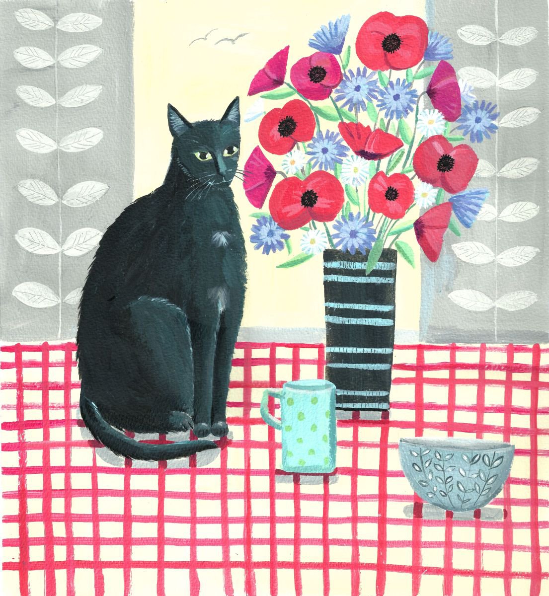 Illustrative Animal Acrylic Painting By Mary Stubberfield, 13 X 14", Black Cat With Flowers, Original Artwork