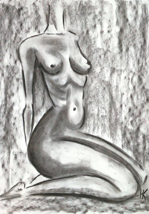 Woman Nude black white charcoal art by Halyna Kirichenko