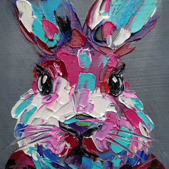 Pink rabbit - oil painting, bunny, rabbit oil painting, small painting, postcard size, animals, animal oil painting