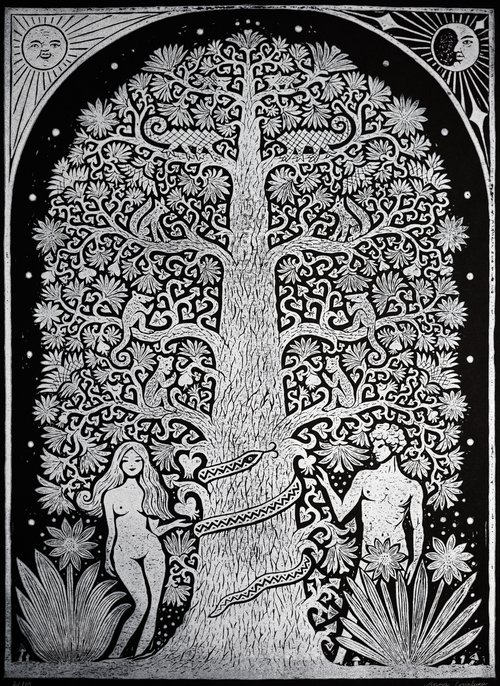Adam and Eve linocut print. by Anna Grincuka