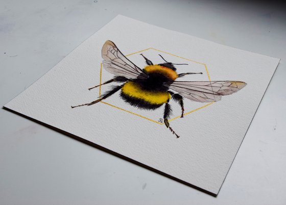 Bee Painting, Bumblebee Wall Art, Bee Original Watercolor Painting, Square Art