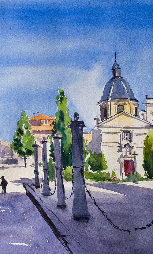 Salamanca, Spain. Original watercolor. Small painting travel street urban nature trip castilla y leon architecture gift shadow idea impressionistic by Sasha Romm