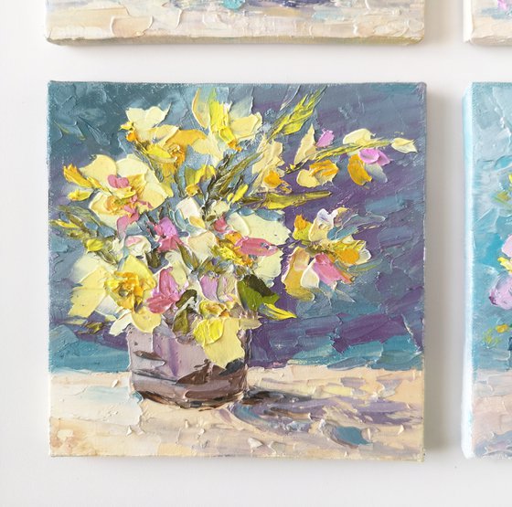 Bright flowers. Floral painting set of 4 small artworks