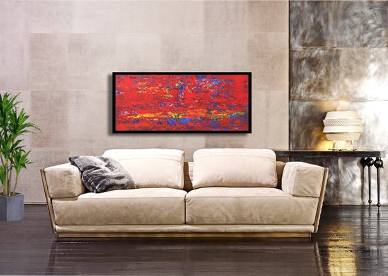 Red salmon river, spatula rough surface, 50x100 cm, warm volor, framed