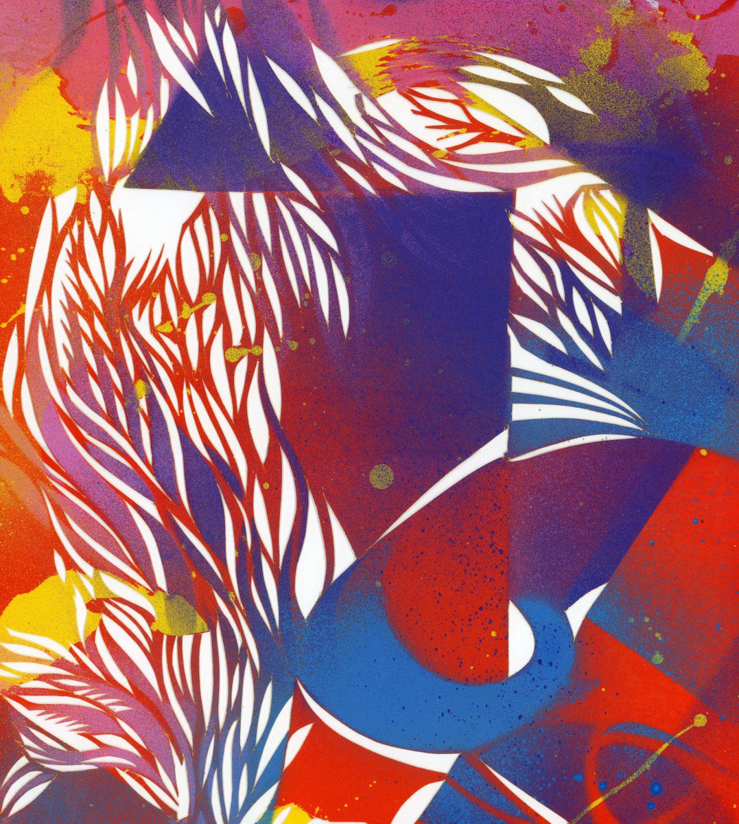 Abstract Botanical Collage By Alfred Ng, 12 X 13, Red Reed Abstract Papercut, Original Artwork