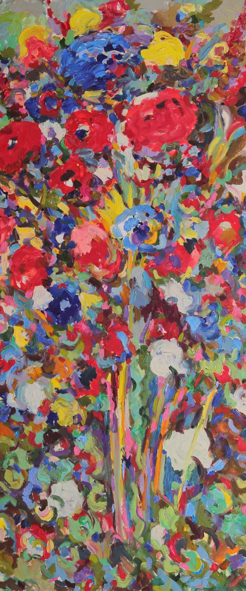 FLOWERING BUSH - floral art, abstract vivid original oil panting large size, interior art, home office decor by Karakhan