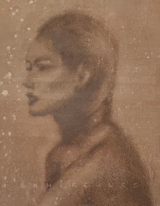 Serene painting of side profile of a beautiful women in beige nude and brown colors. Oil painted in splatters on canvas