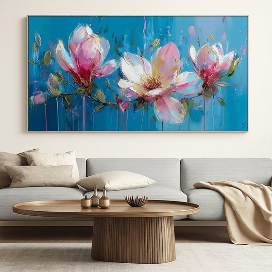 Magnolia on Turquoise Blue