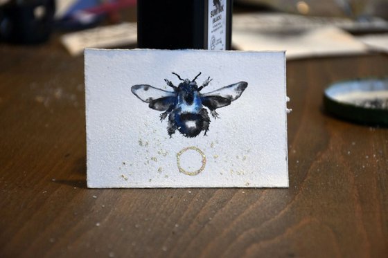 Blue Bee / Orchard Bee / Tiny Ink Painting with Gilding and Metallic Pigment