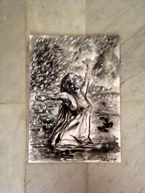 RAINY LAKE GIRL - MISSING THE RAIN - Thick oil painting - 30x42cm