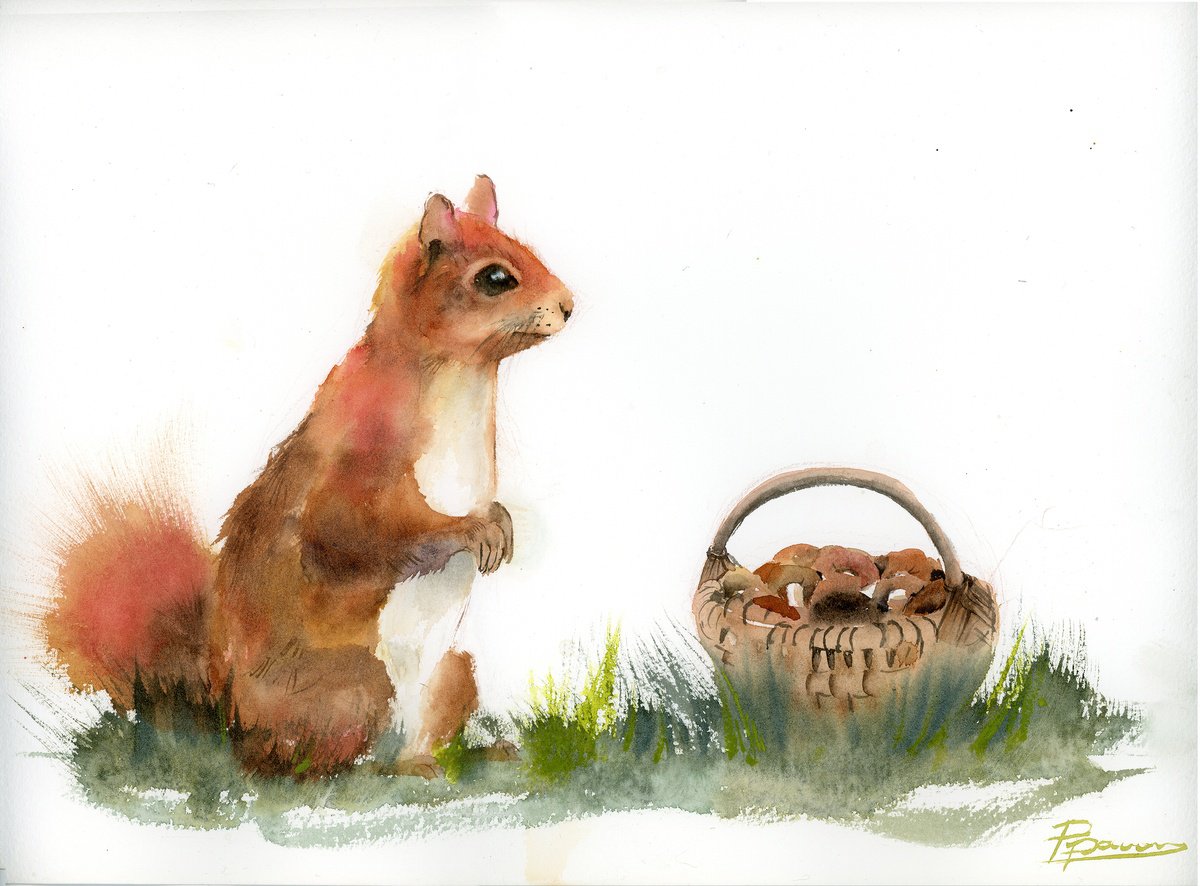 Expressive Animal Watercolour By Olga Tchefranov (Shefranov), 14 X 10", Mushroom Hunter, Original Artwork