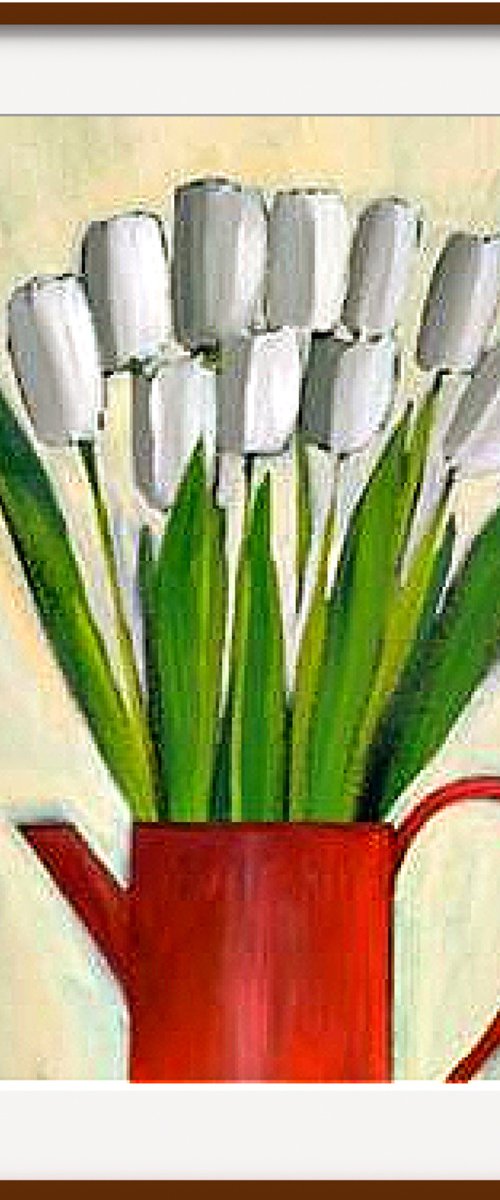 White Tulips in a Red Jug by Jan Rippingham