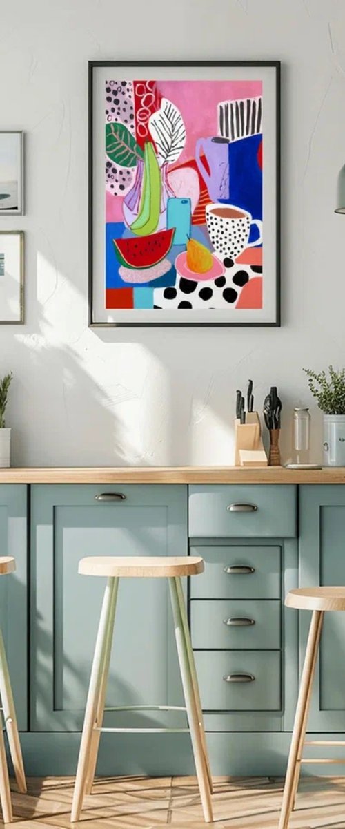 Colorful Still Life with Cups and Fruit by Sasha Robinson