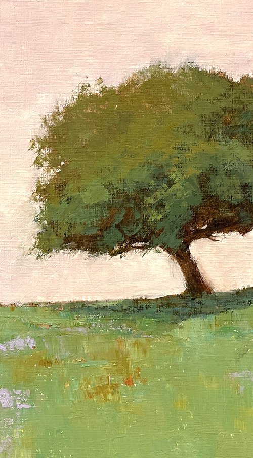 Green Oak Tree 221013, tree and green field impressionist landscape painting by Don Bishop