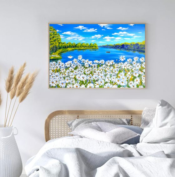 Summer landscape with daisies meadow