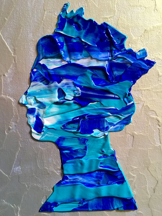 Queen #59 on pearl metallic background , Ultramarine and turquoise  Marble inspired by Queen Elizabeth II