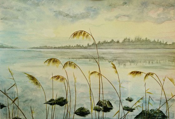 Lake Saimaa. Watercolor painting.