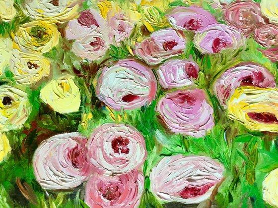 Large size WHITE PINK YELLOW PURPLE  ROSES in a Greenwich rose garden palette  knife modern still life  flowers office home decor gift