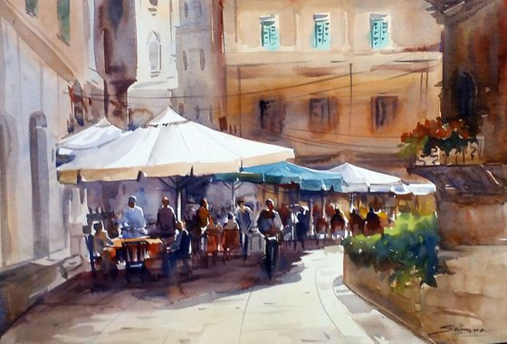 Morning Cafe - Watercolor painting