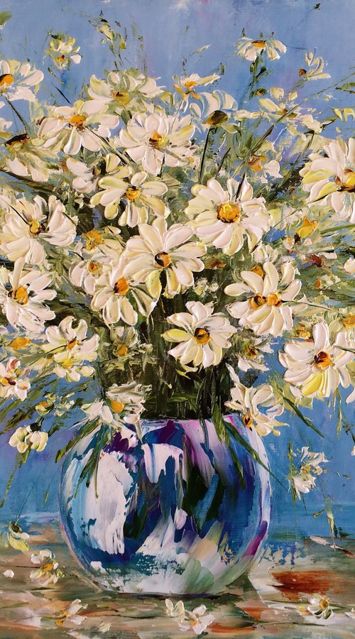 GREETINGS FROM SUMMER - Daisies. Chamomile Bouquet. Flowers. Spring. Wind. Blue background. Wildflowers. by Marina Skromova