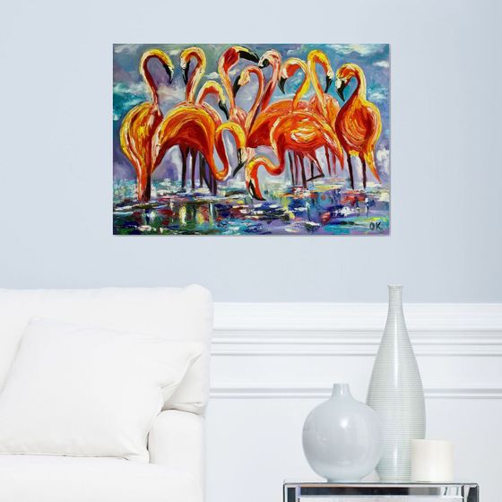 ORANGE FLAMINGOS. LARGE SIZE PAINTING. Original oil palette knife painting on linen canvas.