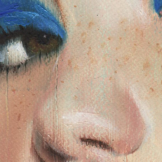 Christina - beauty oil painting of women female on paper blue tones makeup closeup