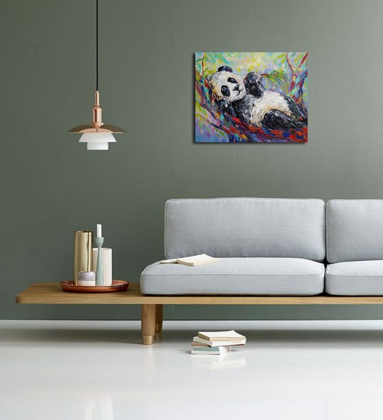 In a quiet place - oil painting on canvas, panda, baby, panda baby, little panda, animal, panda bear, gift for child