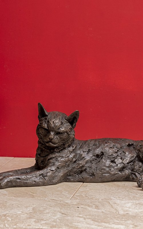 Lying Cat in Bronze Resin by Tanya Russell