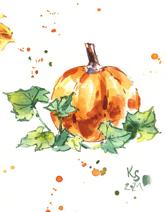 "Pumpkin in dotted drops. Expressive sketch" original watercolor illustration