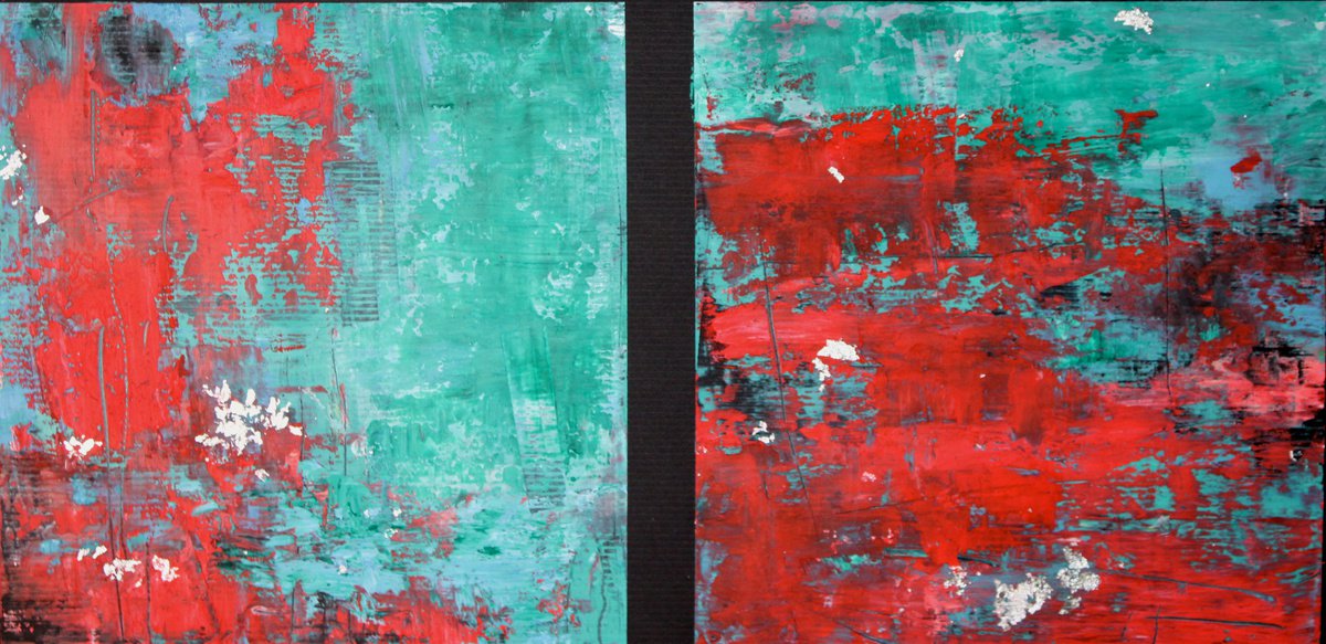 Red and turquoise cold wax 4 by Laura Spring