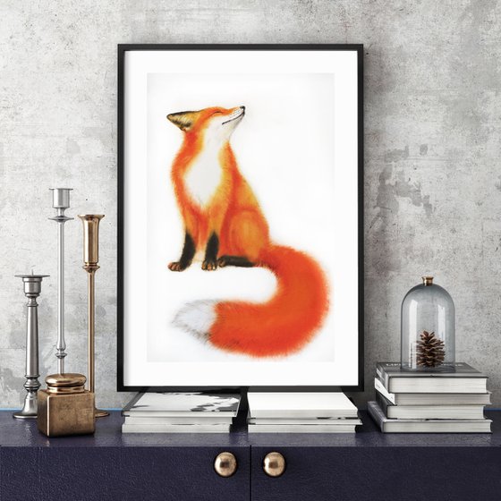 Red Fox - foxy - fox portrait - fox watercolor - fox looks upwards