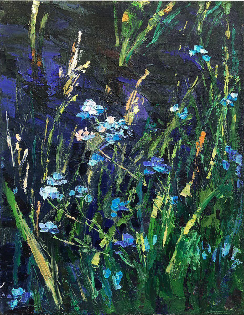 Forget-me-not flowers near pond | oil painting on canvas by Nataliia Nosyk